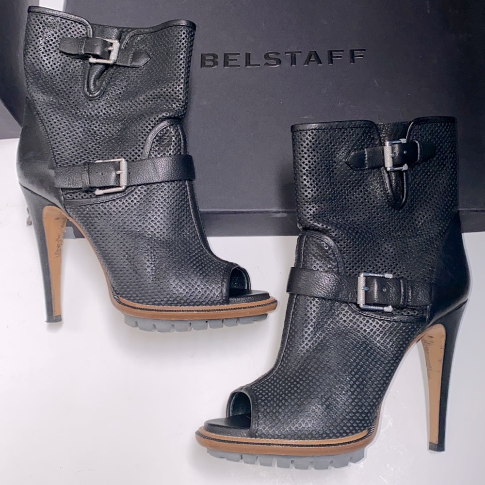 Belstaff England Black Heeled Boots Peep Toe Style Stilettos Made In Italy Sz 6